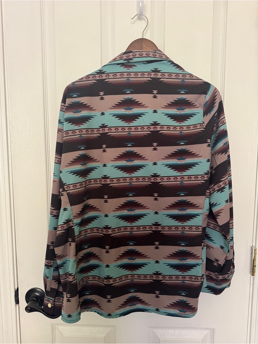 Sterling Kreek Women's Casual Button-Down Shirt in Teal and Brown Aztec Print